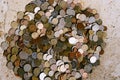 Coin texture. Coins from different countries. A big pile of pennies. Royalty Free Stock Photo