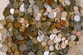 Coin texture. Coins from different countries. A big pile of pennies. Royalty Free Stock Photo