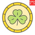 Coin with three leaf clover color line icon, St. Patricks day and holiday, golden coin with clover vector icon, vector