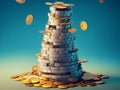 Coin Tower of Dreams: Inspiring AI art showcasing a soaring stack of coins symbolizing the power of saving.