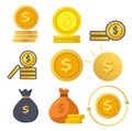 Coin vector illustration set, Coins with money pouch flat icon Royalty Free Stock Photo