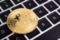 Coin, virtual golden bitcoin money on keyboard laptop , Royalty Free Stock Photo