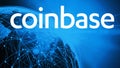 Coinbase cryptocurrency stock market name on abstract digital background. Coinbase logo with Bitcoin cryptocurrency in the United
