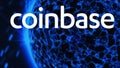 Coinbase cryptocurrency stock market name on abstract digital background. Coinbase logo with Bitcoin cryptocurrency in the United