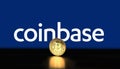 Coinbase cryptocurrency stock market name on abstract digital background. Coinbase logo with Bitcoin cryptocurrency in the United