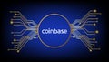 Coinbase cryptocurrency stock market symbol in gold circle with pcb tracks on digital blue background.