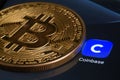 Coinbase logo and Bitcoins