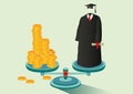 coins and academic robe balance on the scale. Vector illustration decorative design