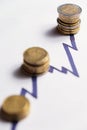 Coins along the rising peaks of a chart line. (Euro, GBP) Royalty Free Stock Photo