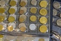 Coins are arranged in transparent blisters. Page from album full with old coins . Coin storage method. Numismatic collection. Royalty Free Stock Photo