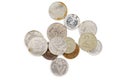 Coins in assortment - Ukrainian pennies and hryvnias, Russian rubles, Turkish kurush and lira, euros and euro cents, Moldovan leu.