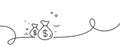 Coins bags line icon. Cash money sign. Continuous line with curl. Vector