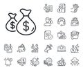 Coins bags line icon. Cash money sign. Cash money, loan and mortgage. Vector