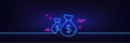 Coins bags line icon. Cash money sign. Neon light glow effect. Vector