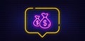 Coins bags line icon. Cash money sign. Neon light speech bubble. Vector