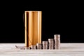 Coins and bamboo slips on table Royalty Free Stock Photo