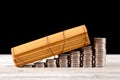 Coins and bamboo slips on table Royalty Free Stock Photo