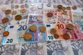 coins and banknote, euro and crown side by side, CZK EURO EUR