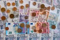 coins and banknote, euro and crown side by side, CZK EURO EUR