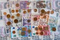 Coins and banknote, euro and crown side by side, CZK EURO EUR