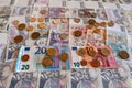 Coins and banknote, euro and crown side by side, CZK EURO EUR