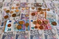 Coins and banknote, euro and crown side by side, CZK EURO EUR