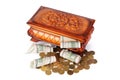 Coins and banknotes in the box Royalty Free Stock Photo