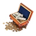 Coins and banknotes in the box Royalty Free Stock Photo