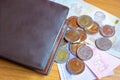 Coins, wallet, banknotes, wooden background