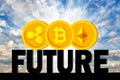 Coins Bitcoin, Ethereum, Ripple on the word future