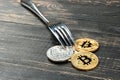 Coins bitcoin with fork Royalty Free Stock Photo