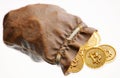 Coins of Bitcoin in a leather pouch