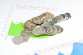 Coins on blue green graphs and charts background. money and fina Royalty Free Stock Photo