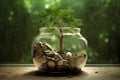 Coins in a bottle and the green tree, Represents the financial growth. The more money you save. Royalty Free Stock Photo