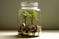 Coins in a bottle and the green tree, Represents the financial growth. The more money you save. Royalty Free Stock Photo