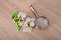 Coins and capsule medicines and magnifying glass on the table Royalty Free Stock Photo