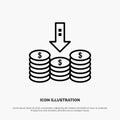 Coins, Cash, Money, Down, Arrow Line Icon Vector