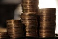 coins close-up. stacks of coins and chaotically scattered coins