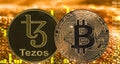 Coins cryptocurrency Tezos XTZ Bitcoin on golden chart.