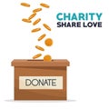 Coins depositing in a carton box charity share love