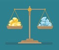 Coins and diamonds balance on the scale