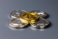 Bitcoin gold coin and defocused chart background. Virtual cryptocurrency concept. Royalty Free Stock Photo