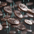 Digital coins fall against a dark background with data streams in a modern financial concept scene Royalty Free Stock Photo