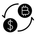 Coins of dollar and bitcoin with arrows solid icon. Dollar and bitcoin exchange vector illustration isolated on white Royalty Free Stock Photo