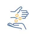 Coins donation between hands icon. Charity, giving, help, support, generosity. Vector thin line illustration. Editable stroke Royalty Free Stock Photo
