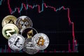 Coins etherium, bitcoin, dash, litecoin, ripple, zcash against the background of falling exchange chart