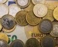 Coins euro cents are on a paper bill of fifty euros. Euro money Royalty Free Stock Photo