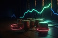 Coins and exchange rate graph, neon colors. AI generative