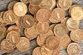 Coins with a face value of 10 rubles on a wooden table, Russian rubles close up background Royalty Free Stock Photo