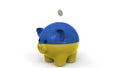 Coins fall into piggy bank painted with flag of Ukraine. National banking system or savings related conceptual 3D